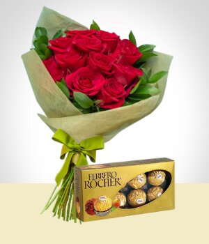 Flores a Repblica Dominicana Combo Tradicin: 12 Rosas + Chocolates Ferrero Rocher
