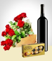 Festividades Prximas - Combo Elegancia: Bouquet de 12 Rosas + Vino + Chocolates