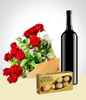 Flores a Repblica Dominicana Combo Elegancia: Bouquet de 12 Rosas + Vino + Chocolates
